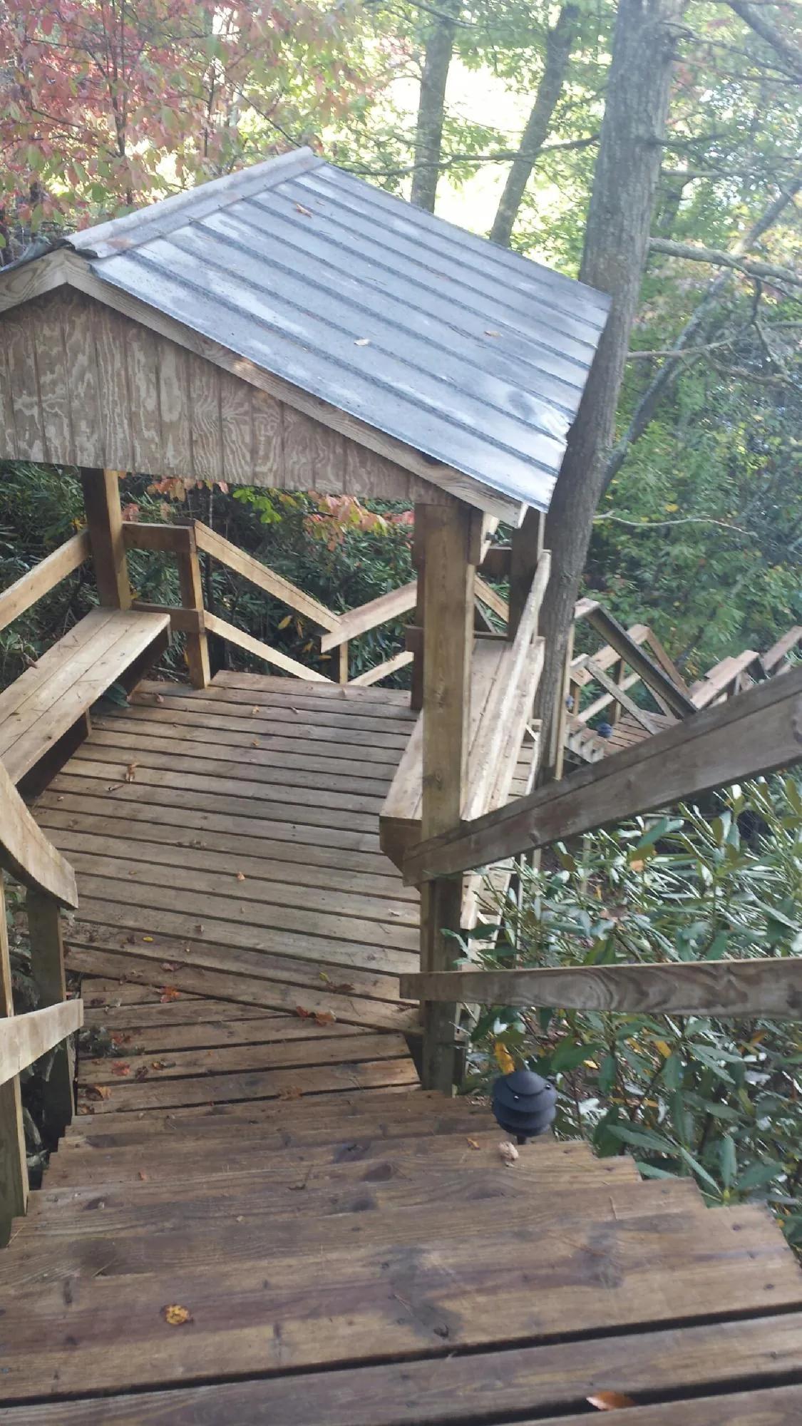 Metal roofed shelter over wooden steps on a wooded walkway — Skylight Repair & Installation work by our crew in Poteet